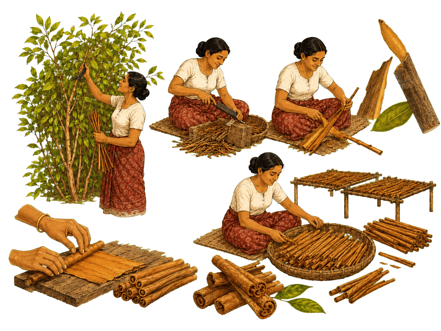 Illustration of traditional Sri Lankan Ceylon cinnamon harvesting, peeling and drying